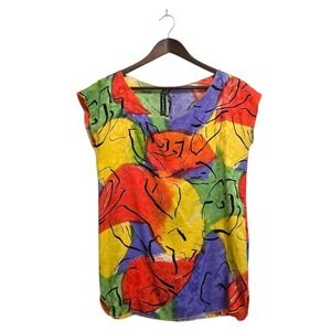 Louis Feraud Vintage Abstract Colorful Silk Cap Sleeve Blouse Sz 8